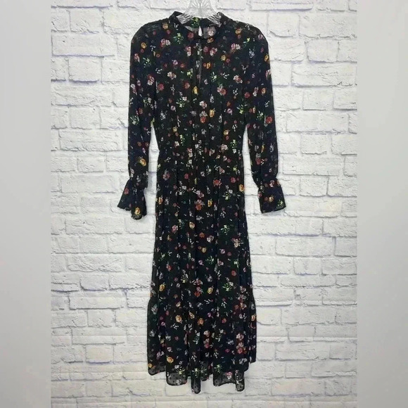Banana Republic ClipDot Black Floral Chiffon Midi Dress - Picture 3 of 12